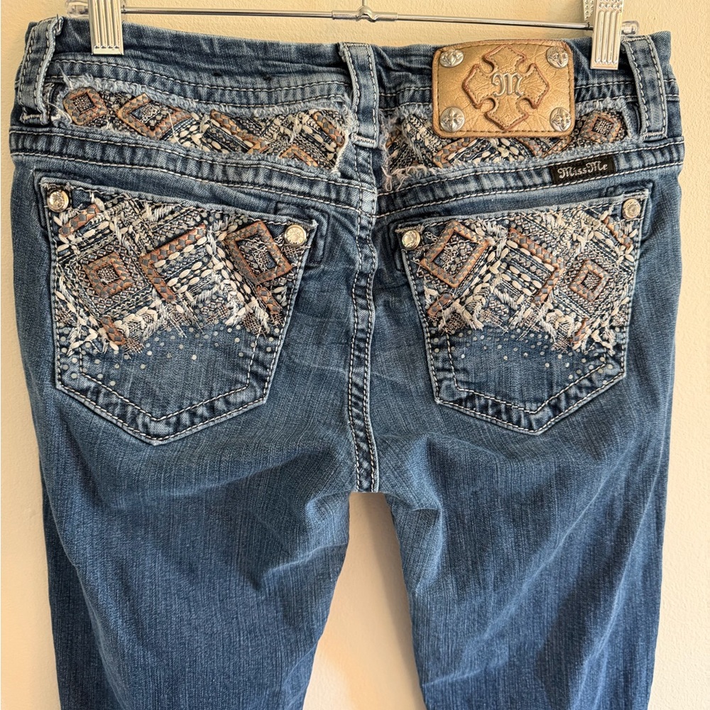 Low Rise y2k Miss Me Blue Embroidered Boot Cut Jeans with Brown Accents